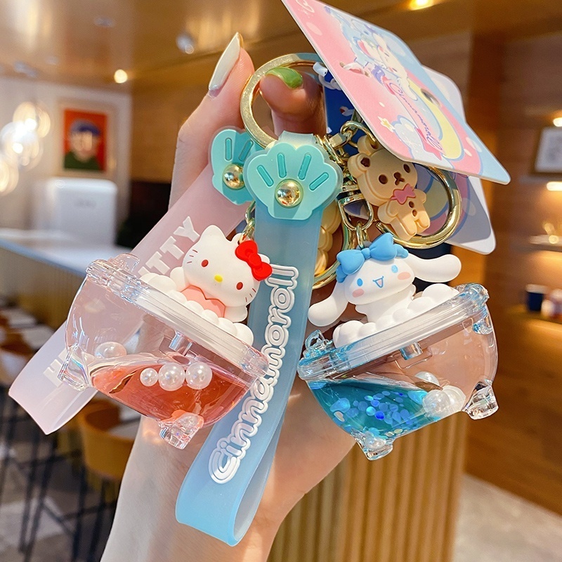 BaiMao Genuine Sanrio into the oil floating quicksand bottle bubble bath kawaii 3D PVC keychain cute couple key chain charm