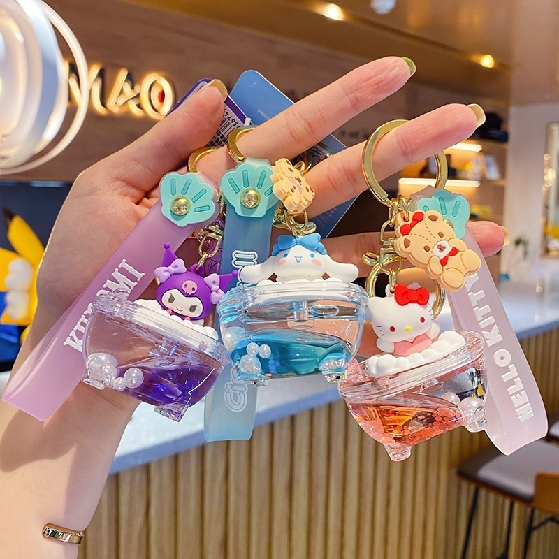 BaiMao Genuine Sanrio into the oil floating quicksand bottle bubble bath kawaii 3D PVC keychain cute couple key chain charm