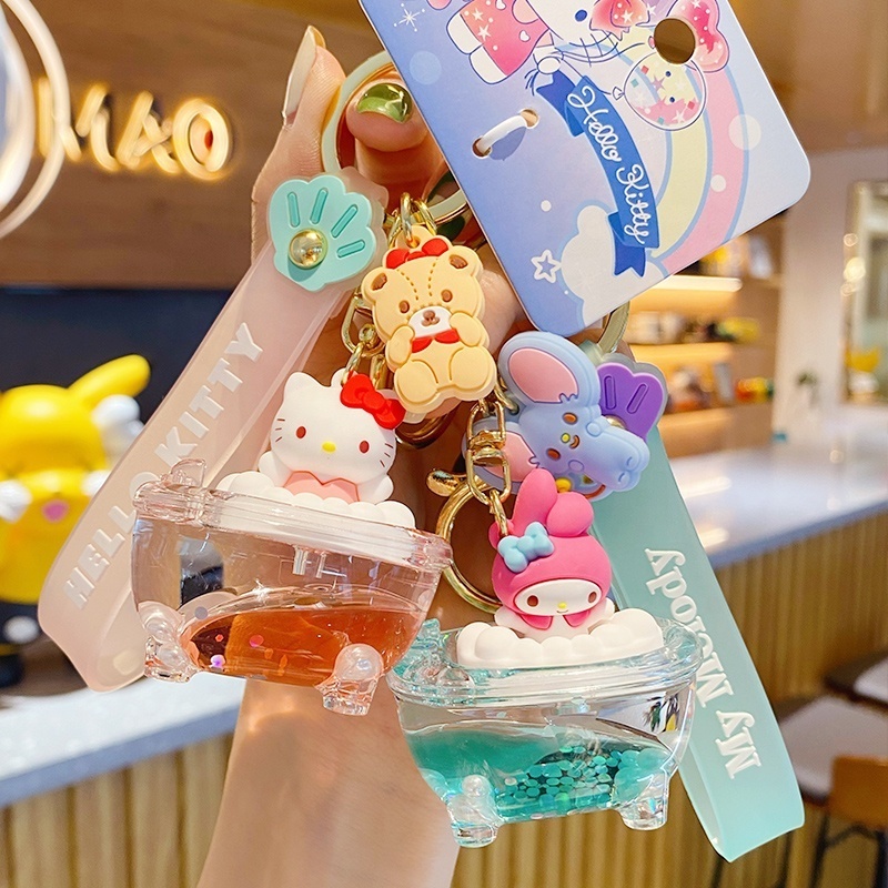 BaiMao Genuine Sanrio into the oil floating quicksand bottle bubble bath kawaii 3D PVC keychain cute couple key chain charm