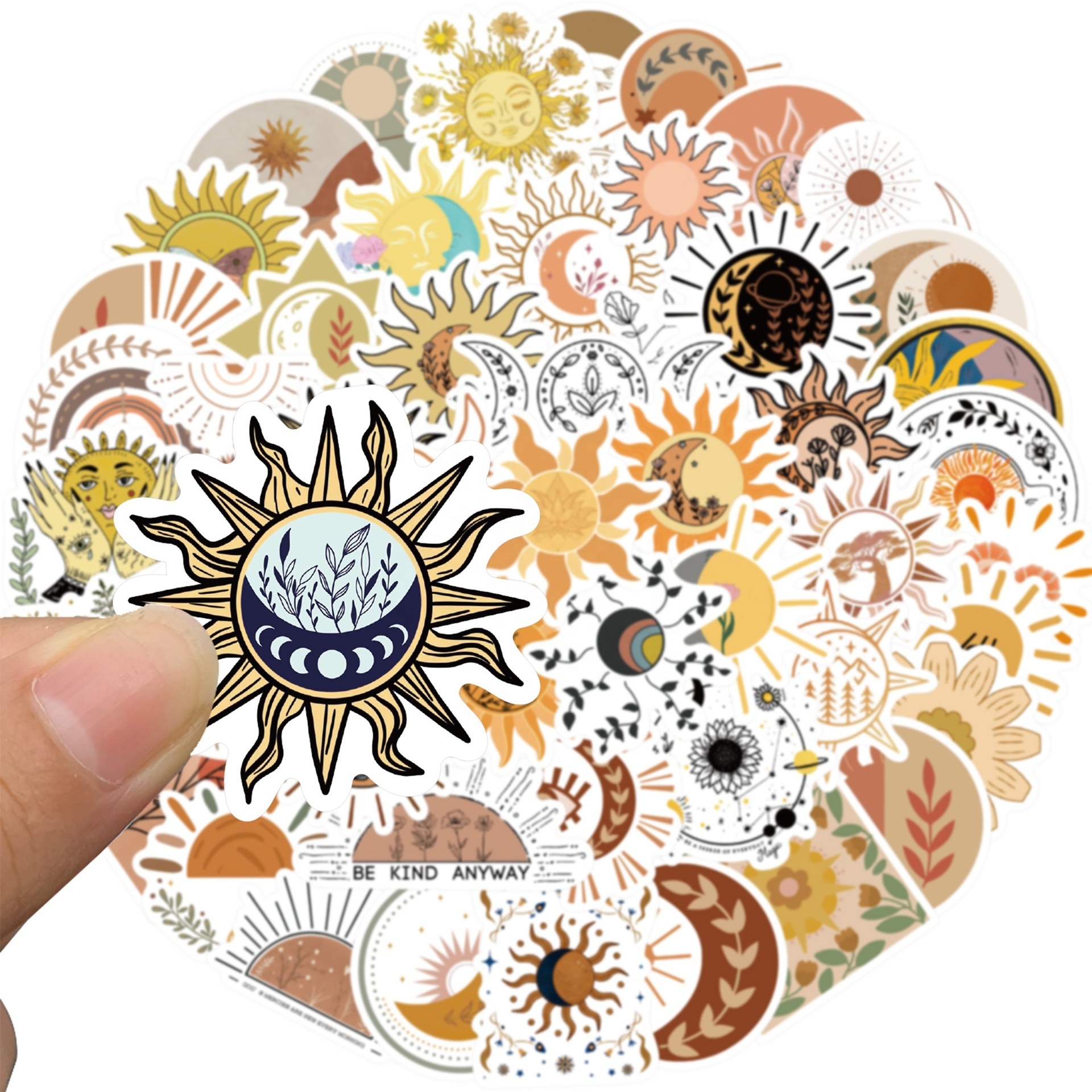 50Pcs Boho Sun and Flowers Sticker For Girl Room Wall Door Bed Bottle Laptop Waterproof Art Decor Stickers