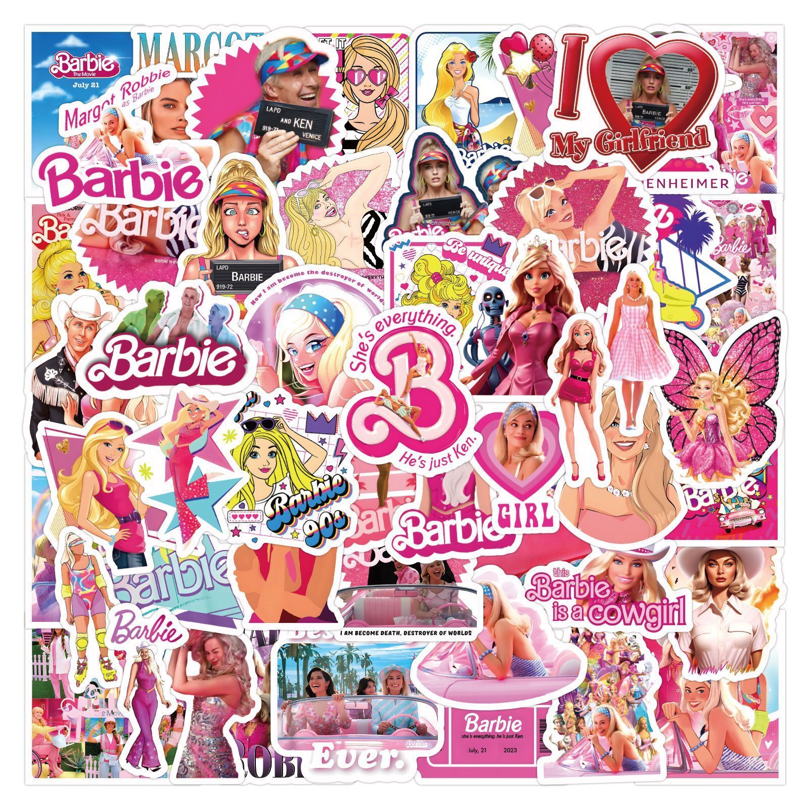 60Pcs Barbie Movie Waterproof Stickers Bottle Laptop Pink Girl Barbies Cowgirl Graffiti Decor Sticker