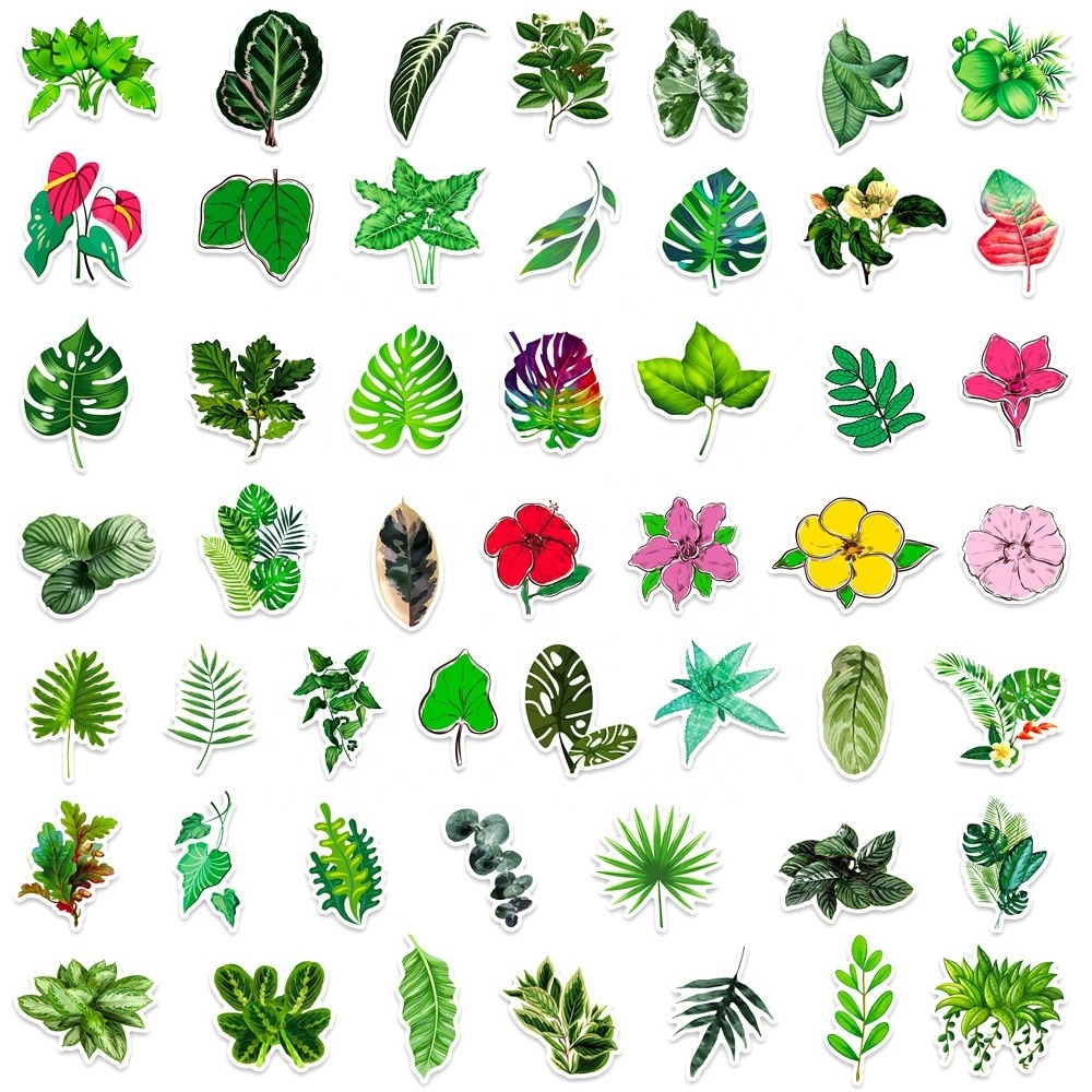 50Pcs Fresh Green Leaf Tropical Plants Stickers For Scrapbooking Notebook Bottle Laptop Decorative Washi Stickers