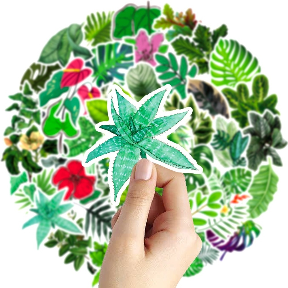 50Pcs Fresh Green Leaf Tropical Plants Stickers For Scrapbooking Notebook Bottle Laptop Decorative Washi Stickers