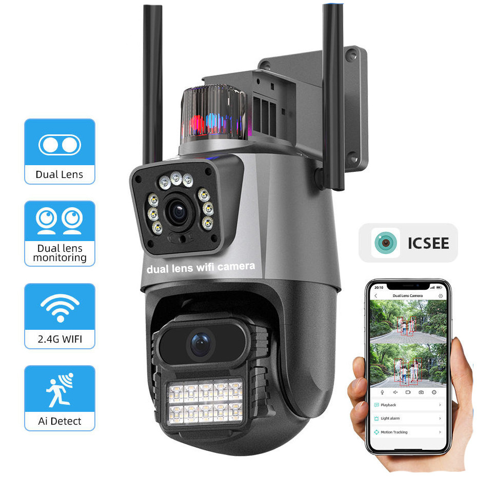 iCSee 2K Wireless Security CCTV IP PTZ Camera 8X Zoom 6MP WiFi Outdoor Dual Lens with AI Tracking Alarm Light Indoor Application