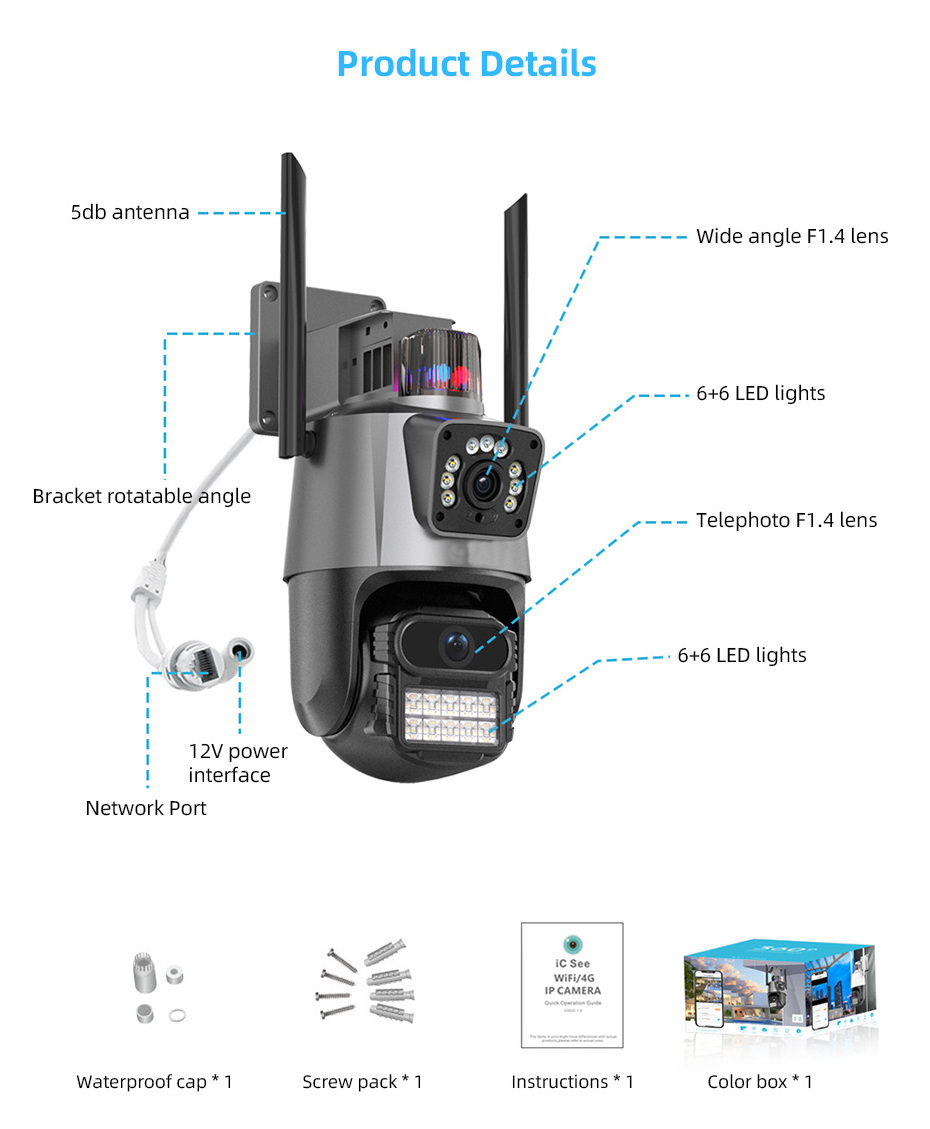 iCSee 2K Wireless Security CCTV IP PTZ Camera 8X Zoom 6MP WiFi Outdoor Dual Lens with AI Tracking Alarm Light Indoor Application