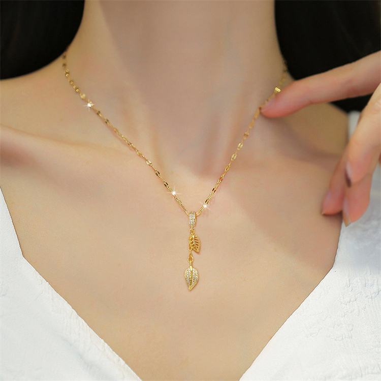 Wholesale New No Fade Titanium Steel 18k Gold Plated Vintage Tassel Double Layer Leaf Zircon Necklace