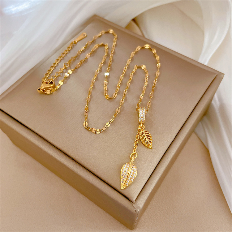 Wholesale New No Fade Titanium Steel 18k Gold Plated Vintage Tassel Double Layer Leaf Zircon Necklace