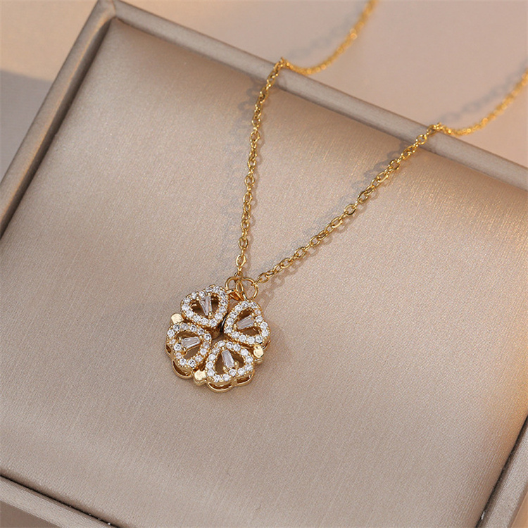 Wholesale Women Stainless Steel Fashion Jewelry Love Shaped Design Zircon Four Leaf Clover Pendant Necklace