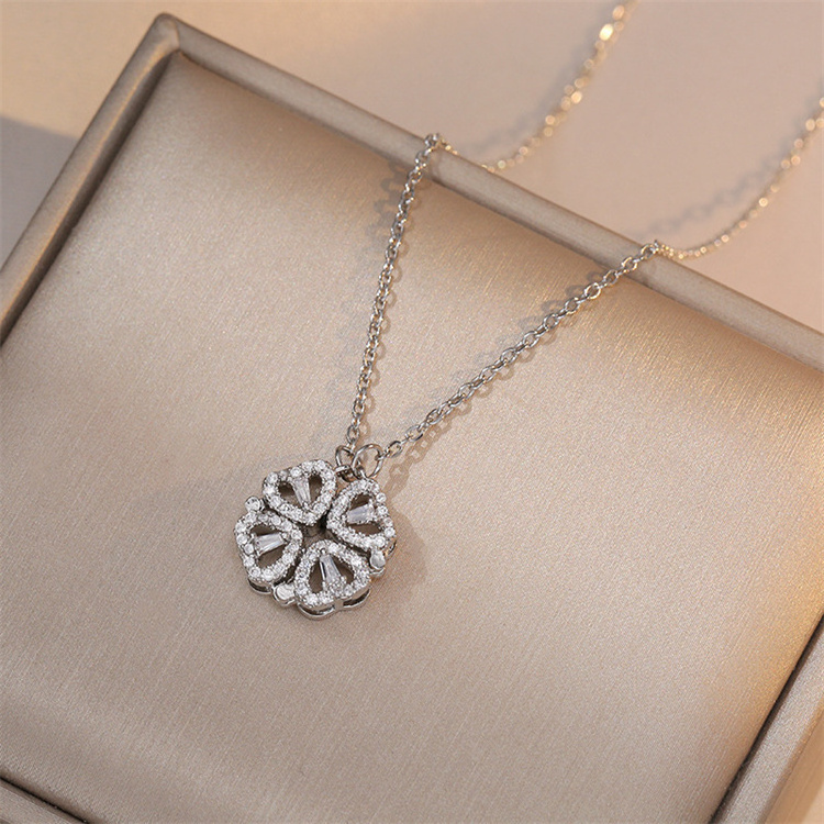 Wholesale Women Stainless Steel Fashion Jewelry Love Shaped Design Zircon Four Leaf Clover Pendant Necklace