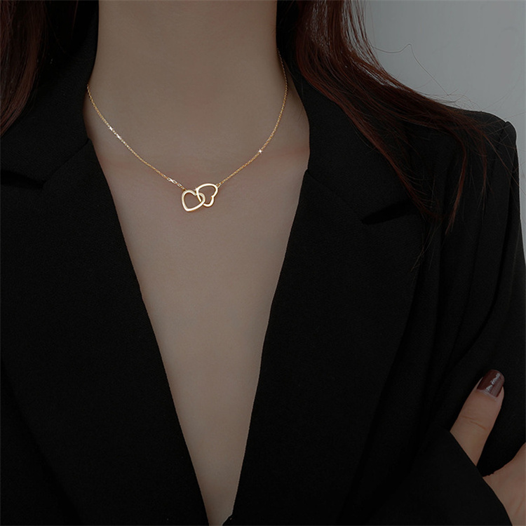 Wholesale New High Quality Women Trendy Titanium Steel Gold Double Love Heart Peach Pendent Necklaces