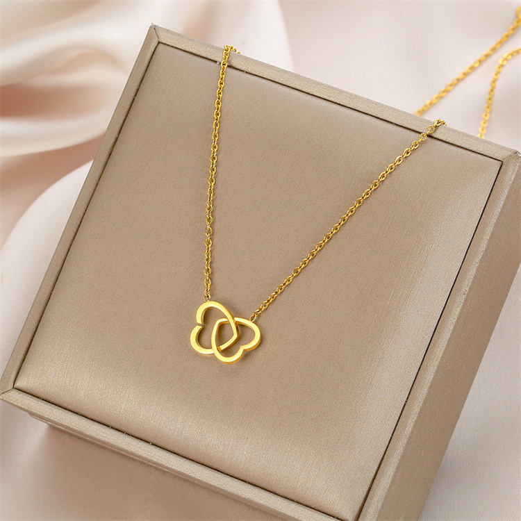 Wholesale New High Quality Women Trendy Titanium Steel Gold Double Love Heart Peach Pendent Necklaces