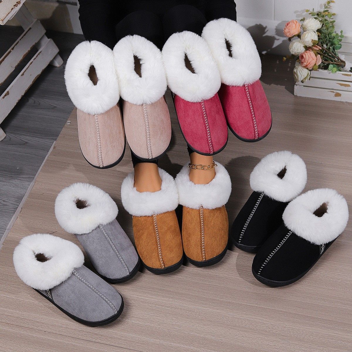 Stock Factory Lovely Warm Winter Soft Plush Warm Slippers Comfortable Slip-resistant Indoor&Outdoor Fur Suede Slippers Shoes