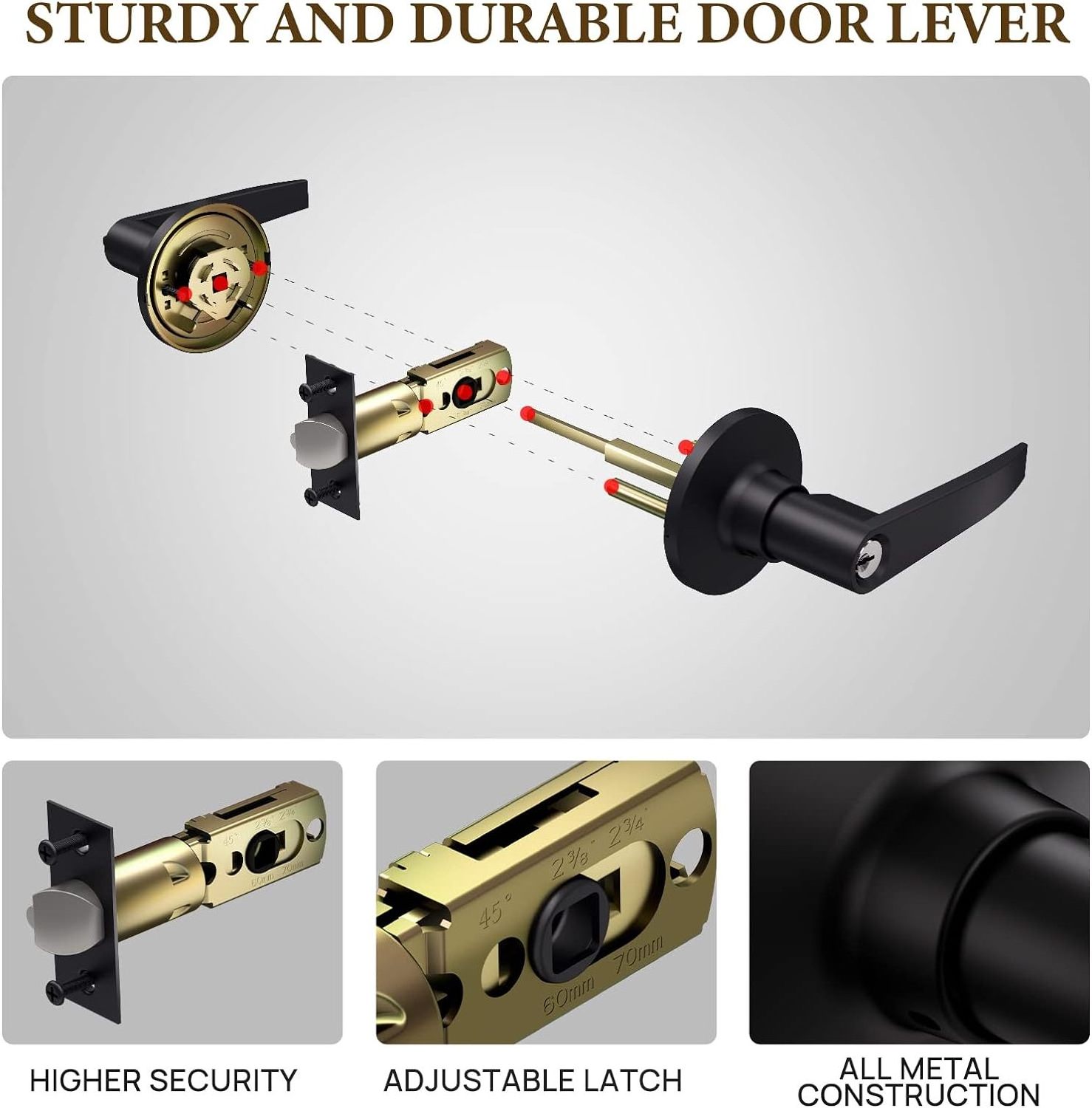 1set Matte Black Keyed Entry Lever Lock for Exterior Door and Front Door, Heavy Duty Lever Door Lock Handle