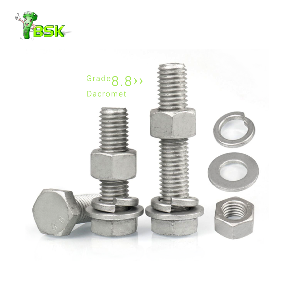 BSK Carbon steel Dacromet Hex Bolt With Hex Nut Spring Lock Washer Plain Washer Hex Head Bolt Set