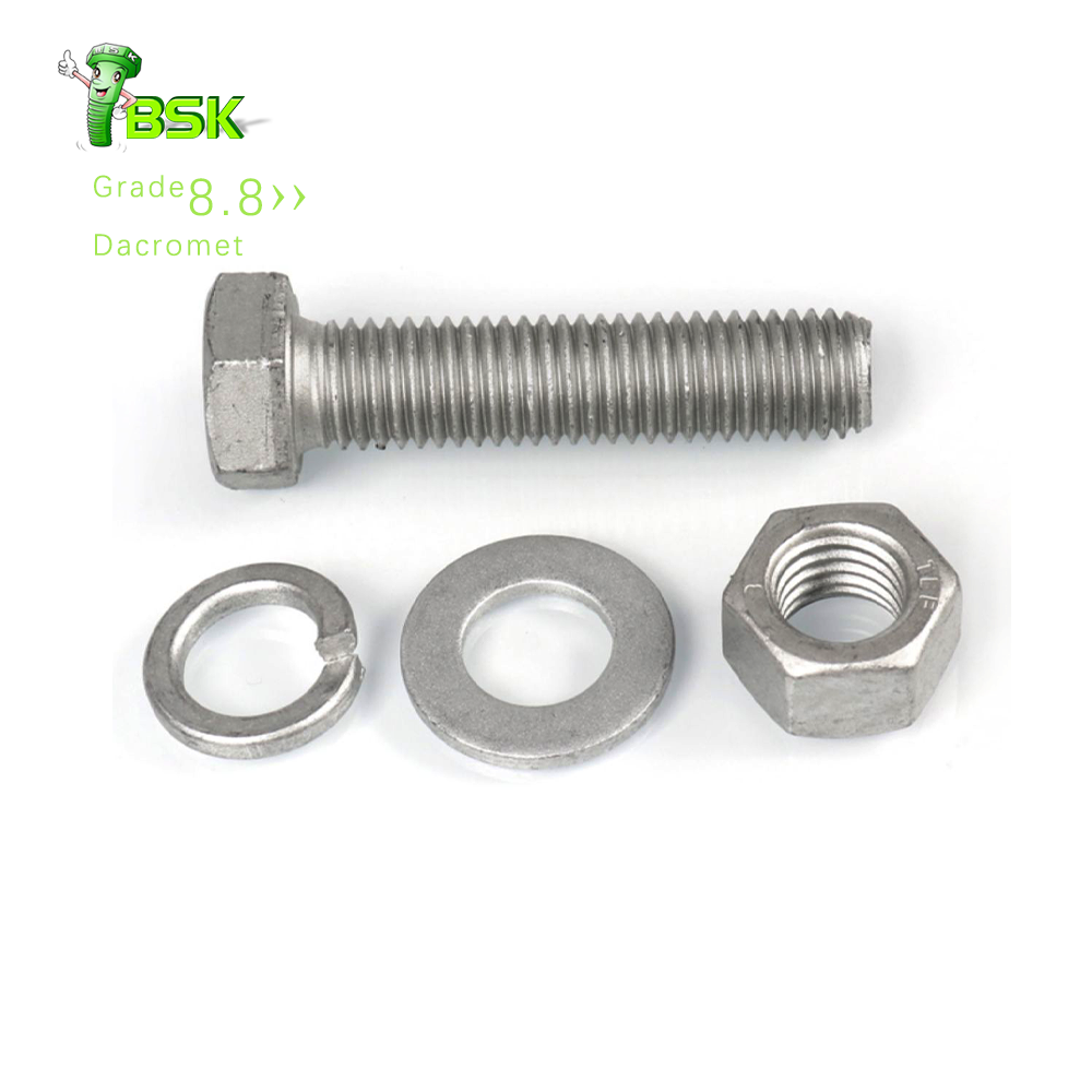 BSK Carbon steel Dacromet Hex Bolt With Hex Nut Spring Lock Washer Plain Washer Hex Head Bolt Set