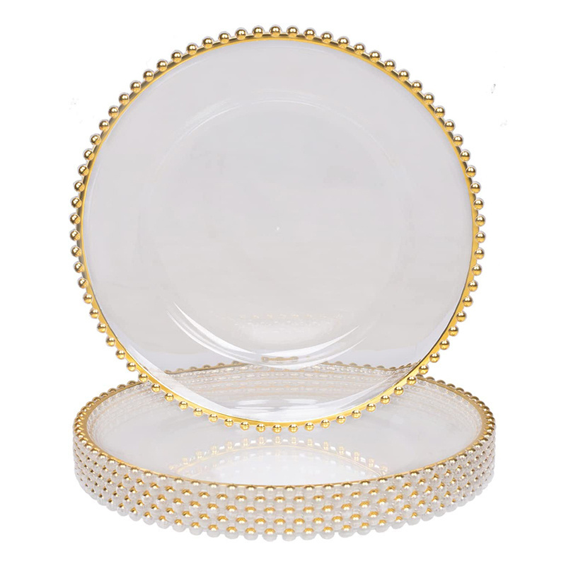 BST Round 13 inch wholesale clear glass acrylic gold beaded charger plates wedding decoration for party dinner plate