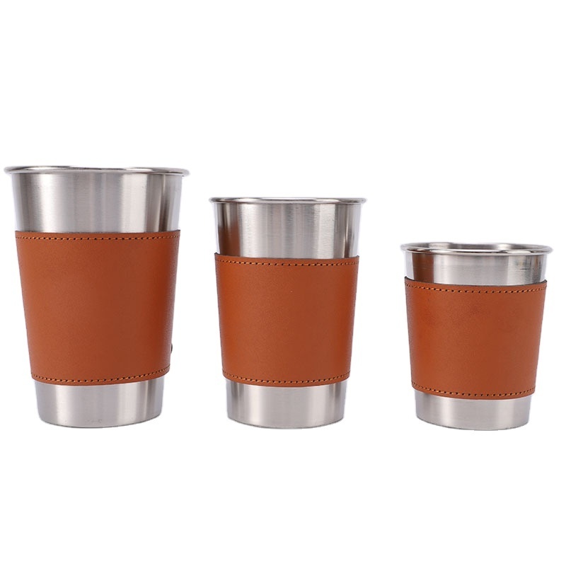 BST Outdoor stainless steel camping beer cup personalized shot glass portable whiskey shot glasses with leather case