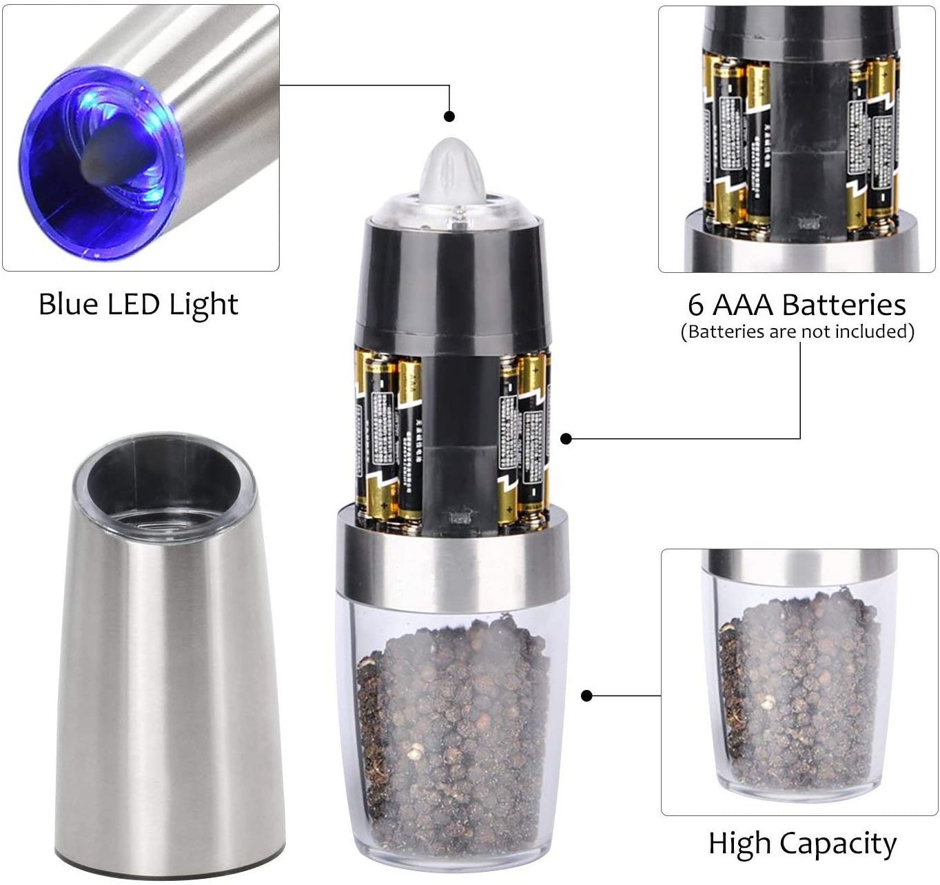 BST Automatic pepper mill salt grinder electric pepper and salt grinder set with blue LED