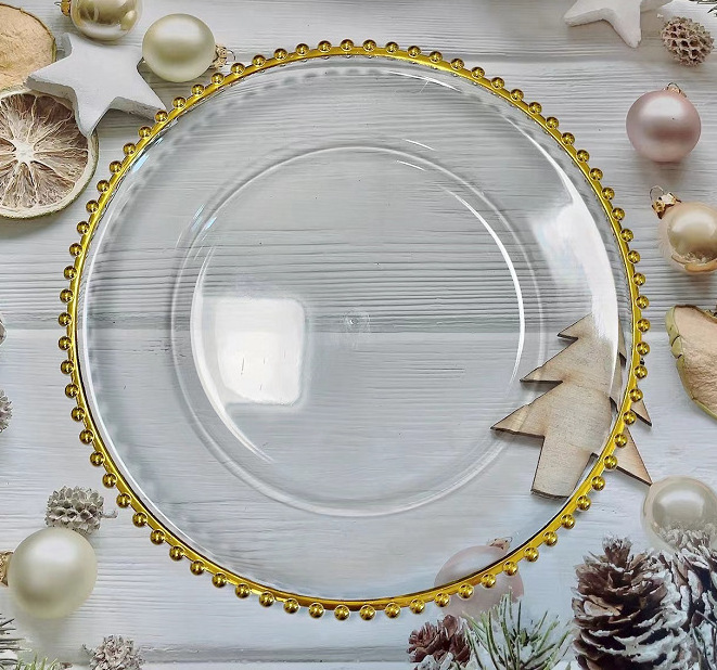 BST Round 13 inch wholesale clear glass acrylic gold beaded charger plates wedding decoration for party dinner plate