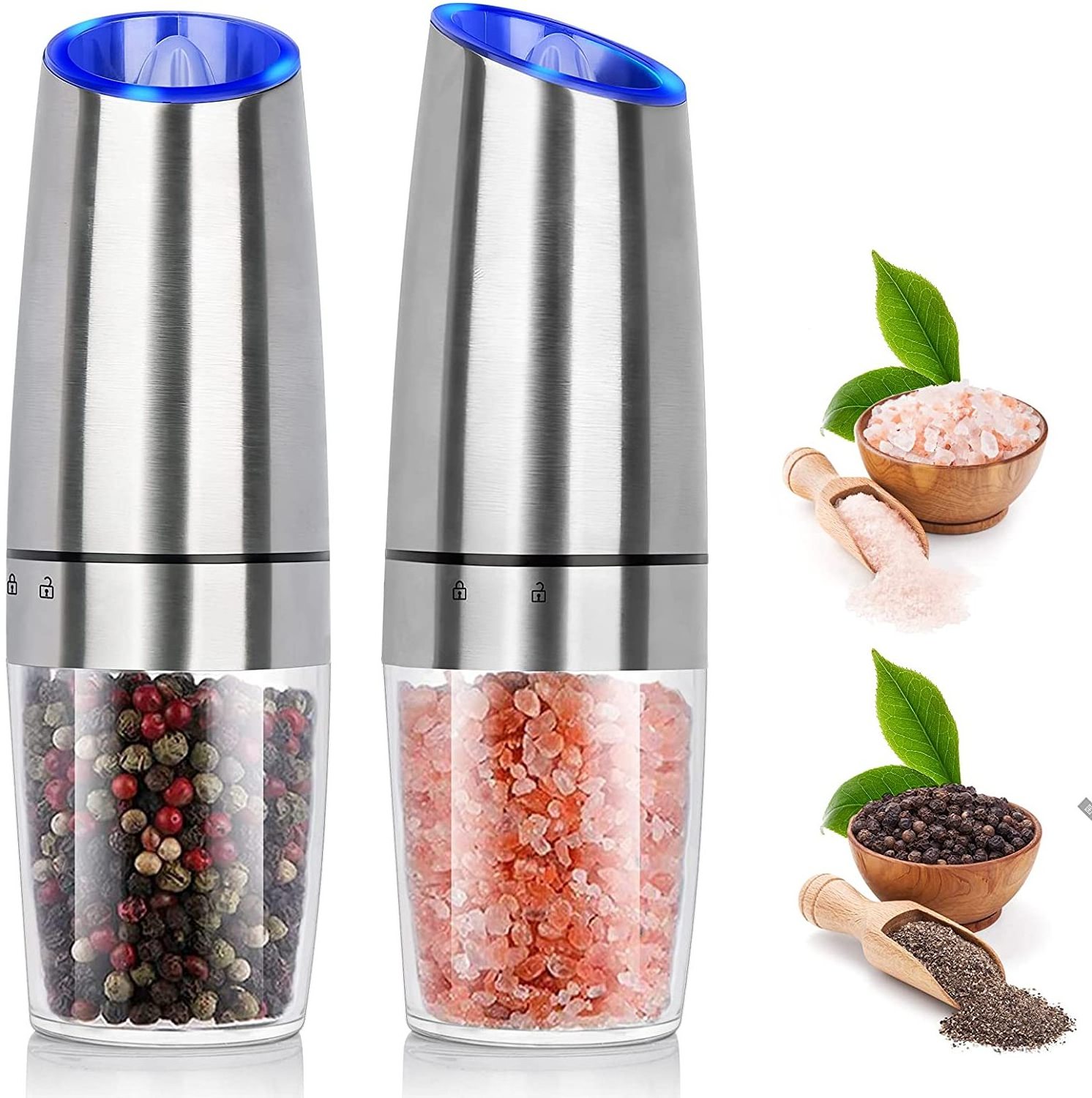 BST Automatic pepper mill salt grinder electric pepper and salt grinder set with blue LED