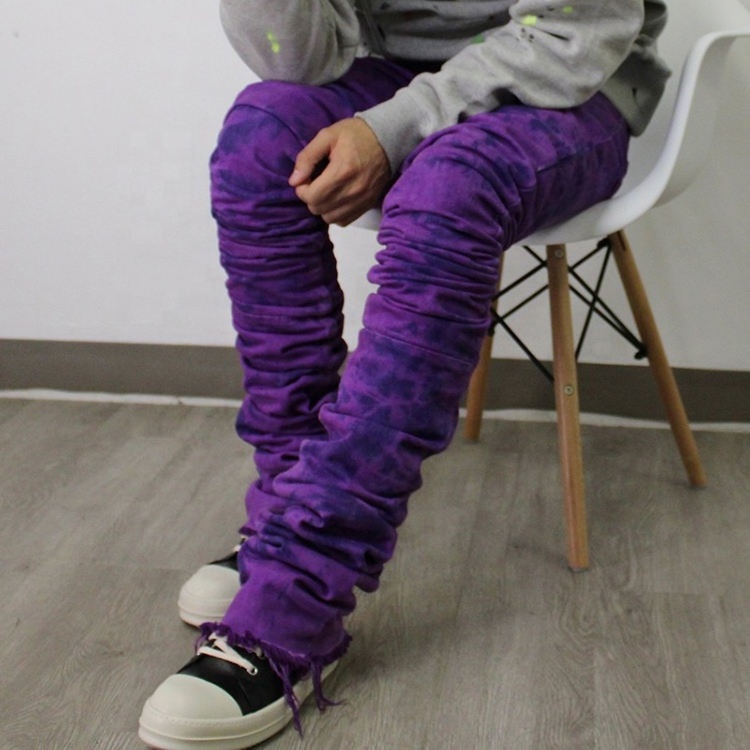 Baisheng Custom Purple Acid Wash Fashion Male Trousers Distressed Ripped Pants Stacked Skinny Flare Denim Jeans Men