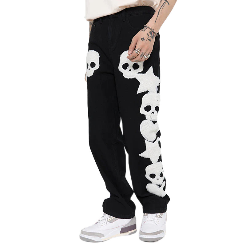 Custom Logo Streetwear Hip Hop Stacked Pants Skeleton Towel Embroidered Men Custom Fabric Woven Softener Straight Custom OEM ODM