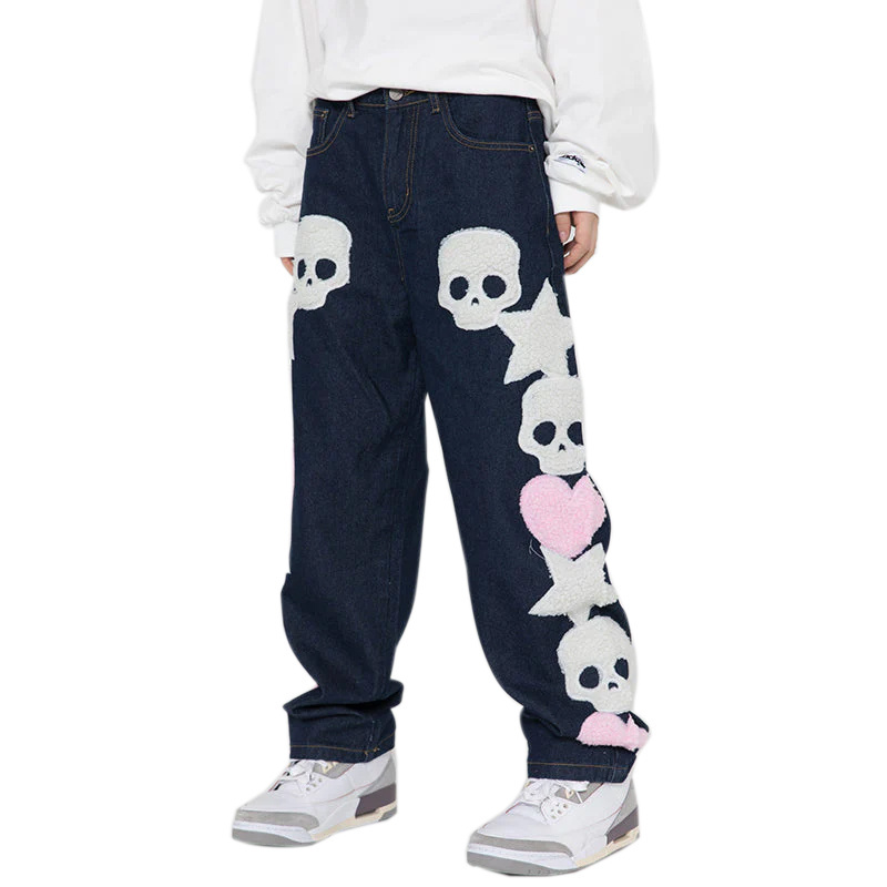 Custom Logo Streetwear Hip Hop Stacked Pants Skeleton Towel Embroidered Men Custom Fabric Woven Softener Straight Custom OEM ODM