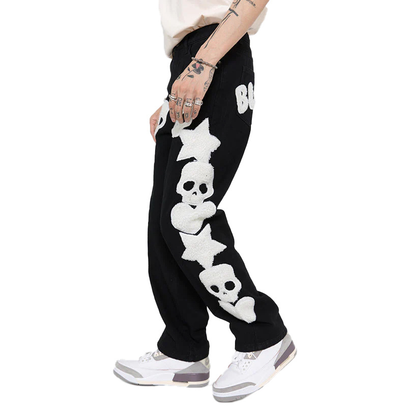 Custom Logo Streetwear Hip Hop Stacked Pants Skeleton Towel Embroidered Men Custom Fabric Woven Softener Straight Custom OEM ODM