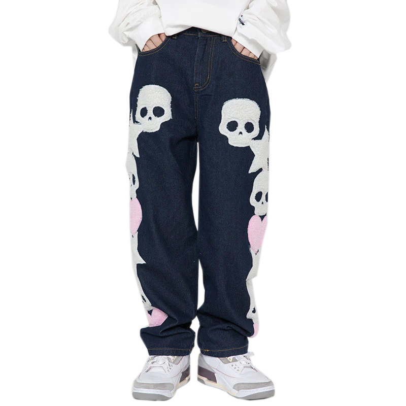 Custom Logo Streetwear Hip Hop Stacked Pants Skeleton Towel Embroidered Men Custom Fabric Woven Softener Straight Custom OEM ODM