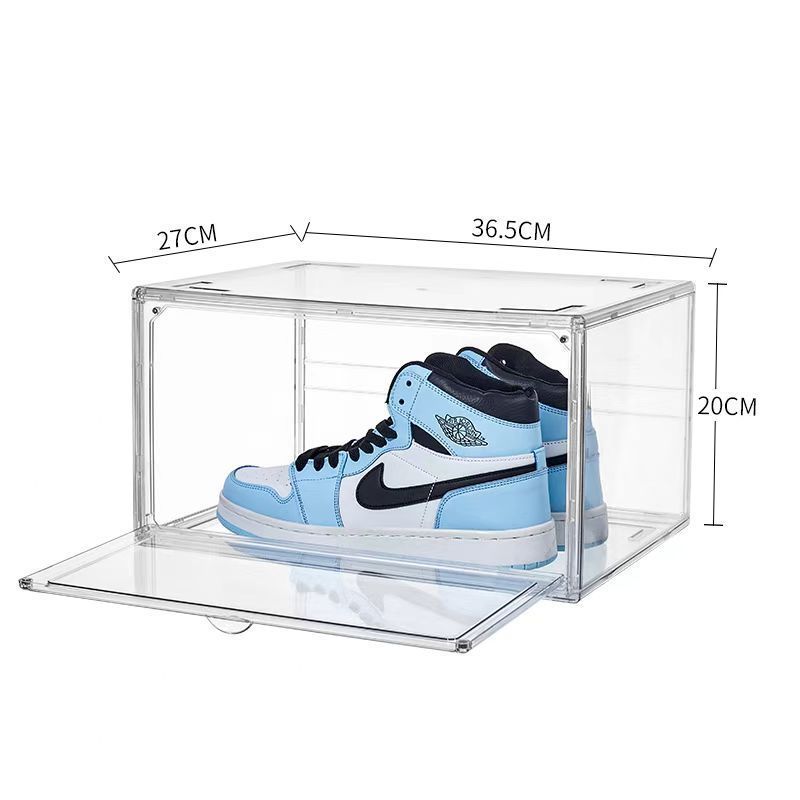 Customized Branded Logo Fully Magnetic Stackable Transparent Sneaker Storage Clear PET Stackable Drop Front Shoe Box Plastic