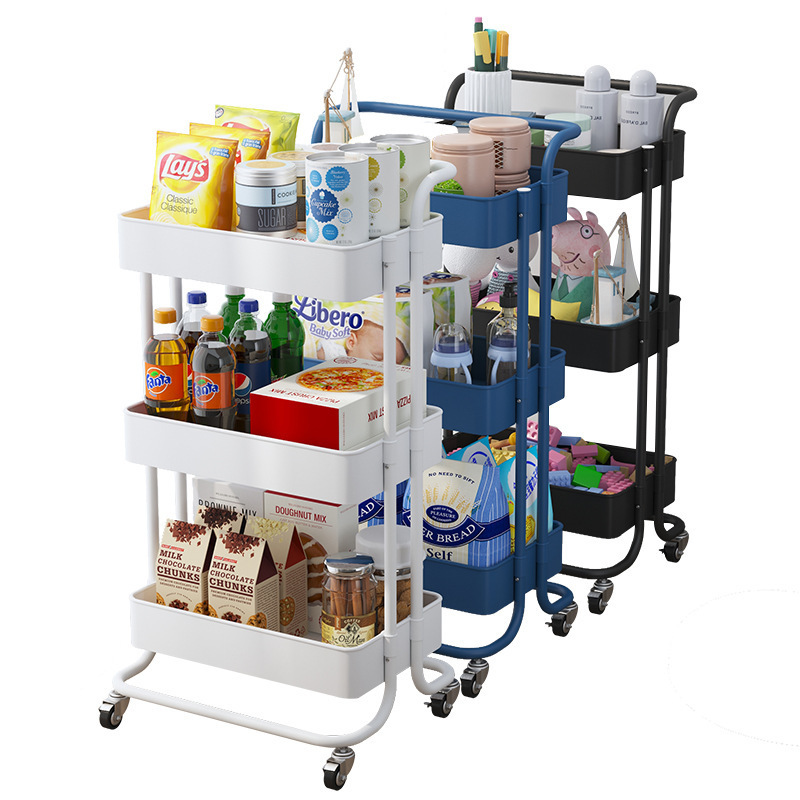 Home Kitchen Stainless Steel Storage Rotating Trolley Cart Shelf 3 Layers Fruit And Vegetable Basket Rack With Wheels