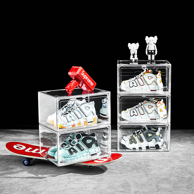 Customized Branded Logo Fully Magnetic Stackable Transparent Sneaker Storage Clear PET Stackable Drop Front Shoe Box Plastic