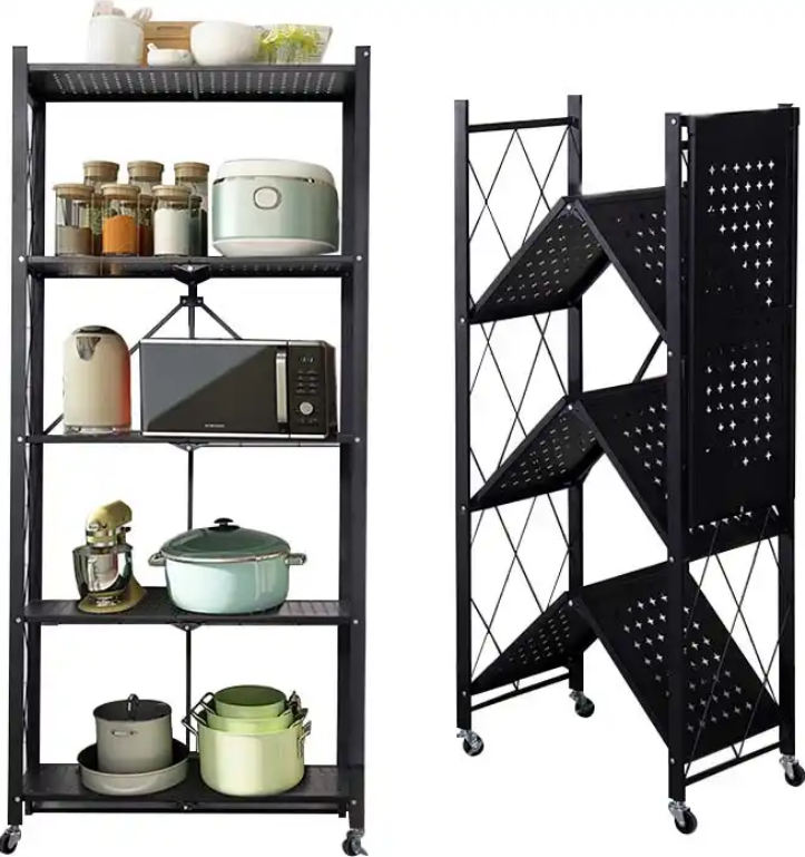 Wholesale Mobile 5 Tier Metal Foldable collapsible kitchen storage Folding Shelf Rack For Bathroom Kitchen Living Room