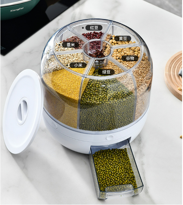 Kitchen Countertop Dry Food Grain Cereal Dispenser 6 Grid Automatic Rotating Rice Dispenser Injection Kitchen Storage Containers