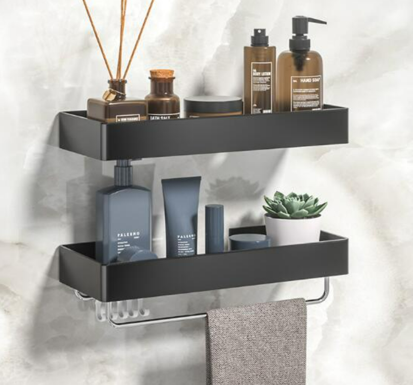 No Drilling Adhesive Aluminum Matte Black Shower Shelf Storage Rack Organizer Shampoo Holder with Towel Bar for Bathroom