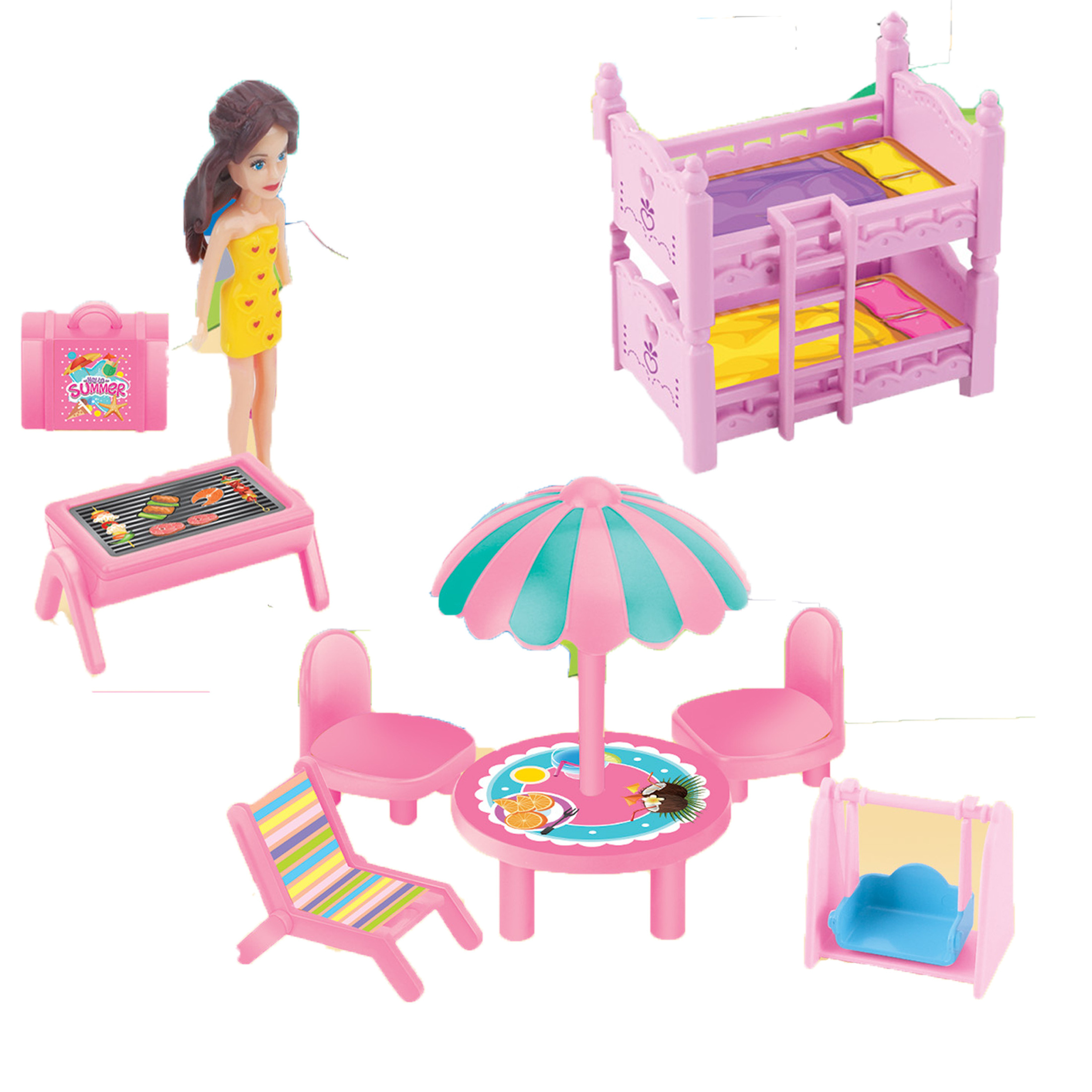 High Quality Plastic Bus With Tables and Chairs Set Mini Doll In Bus Toy With Helicopter  Furniture Set For girl