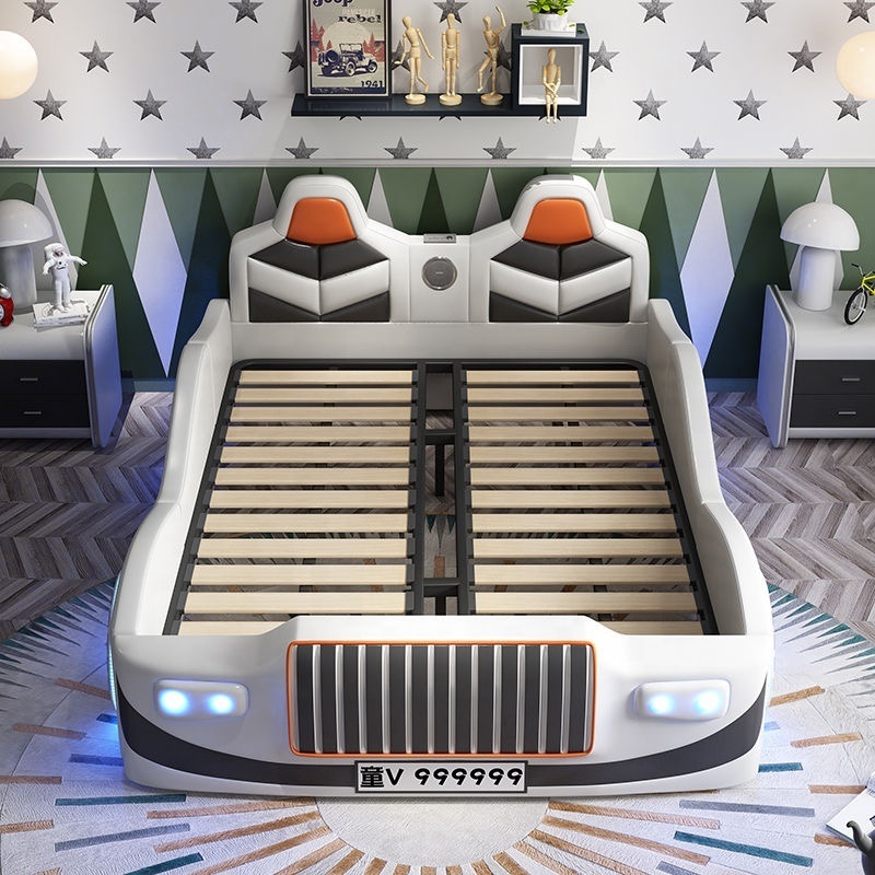 Solid Wood Pu Cover Storage Car Bed For Kids Boys Double Bed With Lights and sound Sports Style Super Race Car Kids Beds