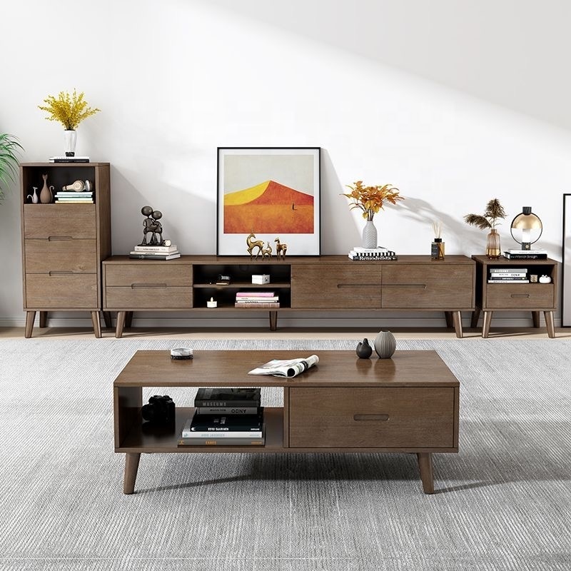 Nordic TV cabinet all solid wood simple modern small apartment coffee table TV cabinet combination set home bedroom high cabinet