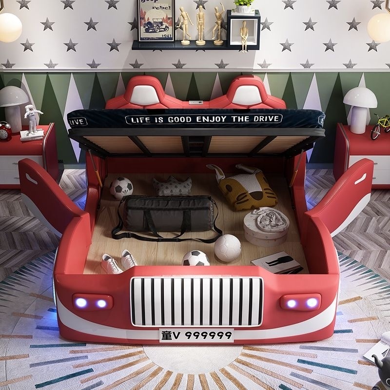 Solid Wood Pu Cover Storage Car Bed For Kids Boys Double Bed With Lights and sound Sports Style Super Race Car Kids Beds