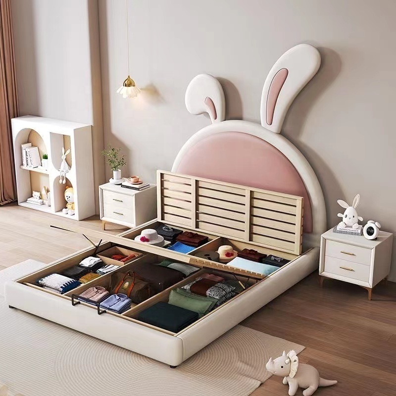 Modern Pink Princess Kids Bunk Beds Double Girls Bedroom Furniture Rabbit Design Single Bed