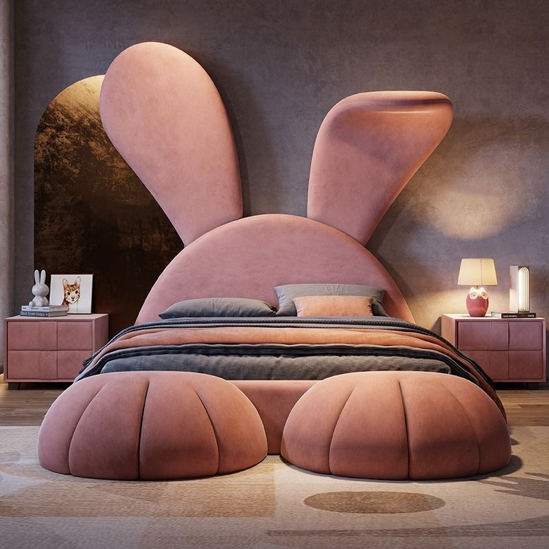 Light luxury children pink princess bed cartoon rabbit multi-functional girl bed fabric solid wood bed