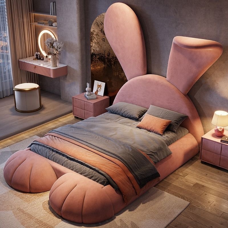 Light luxury children pink princess bed cartoon rabbit multi-functional girl bed fabric solid wood bed