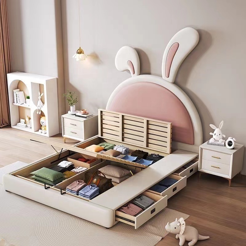 Modern Pink Princess Kids Bunk Beds Double Girls Bedroom Furniture Rabbit Design Single Bed