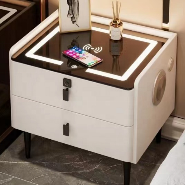 Bed room furniture luxury wooden smart bedside table modern nightstands with USB wireless charging