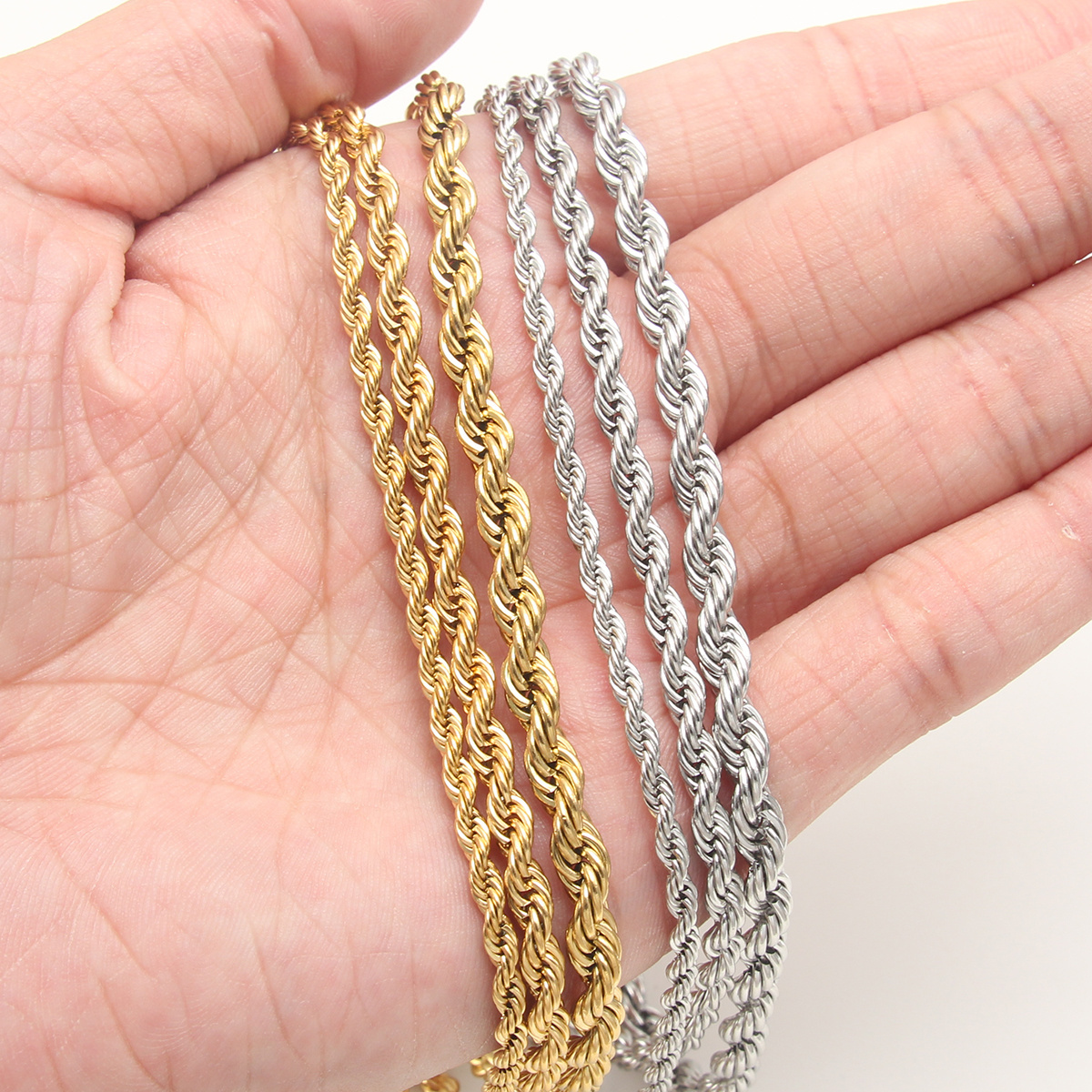 Wholesale Waterproof Men/Women Jewelry Custom Bulk 3/4/5mm 18K Gold Plated Stainless Steel Twisted Rope Filled Chain Necklaces