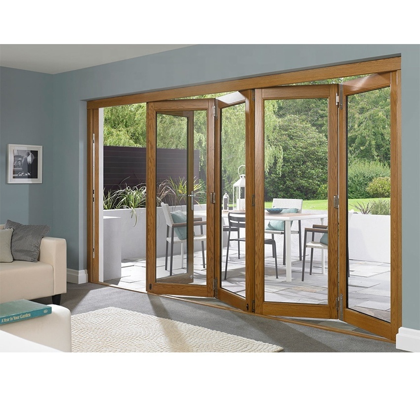 Cheap Aluminum Tempered Glass Wood Color Sliding Folding Door For Sale