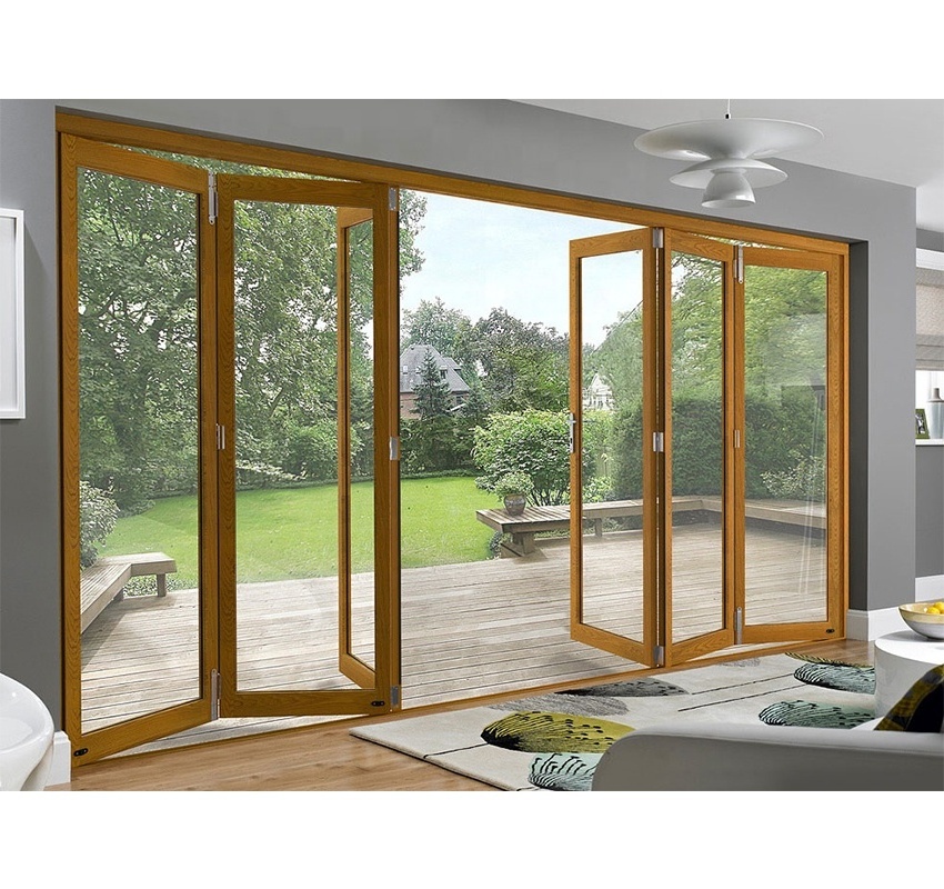 Cheap Aluminum Tempered Glass Wood Color Sliding Folding Door For Sale