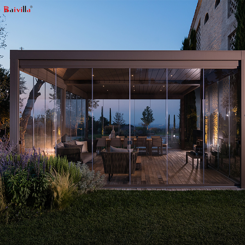 Waterproof motorized electric louver aluminium pergola with glass curtain for garden