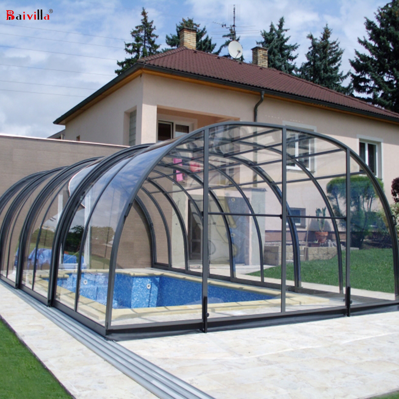 Prefabricated Polycarbonate Glass Enclosure Swimming Pool Cover Aluminium Retractable Sunroom