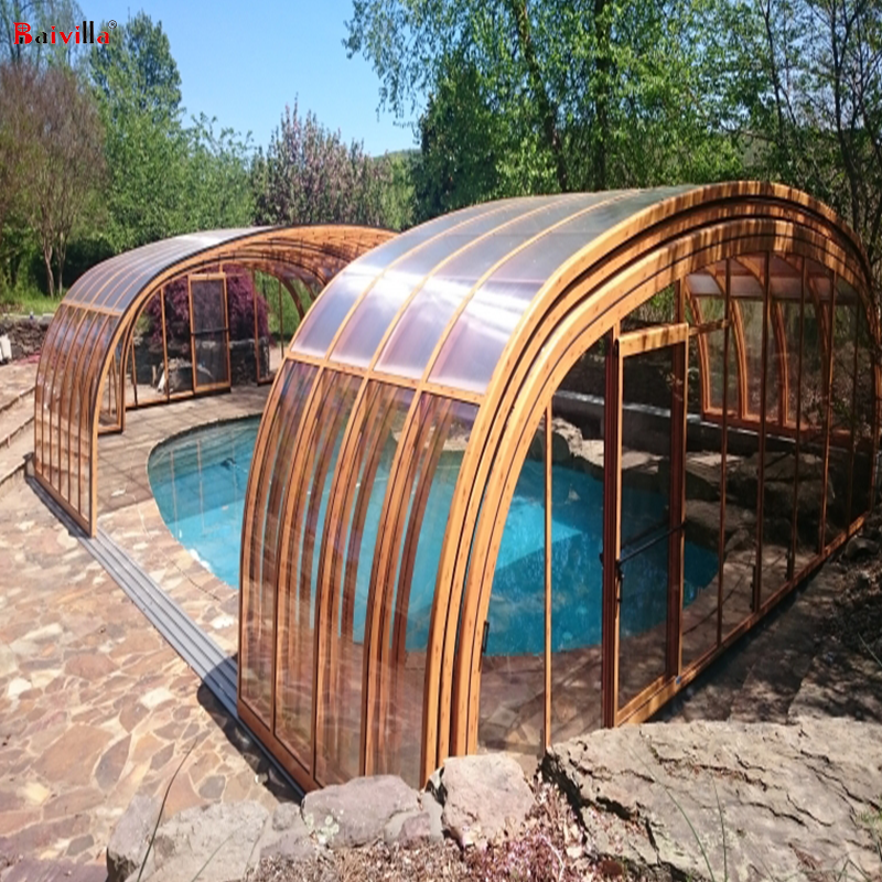 Prefabricated Polycarbonate Glass Enclosure Swimming Pool Cover Aluminium Retractable Sunroom